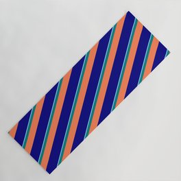[ Thumbnail: Light Sky Blue, Teal, Coral, and Blue Colored Stripes Pattern Yoga Mat ]