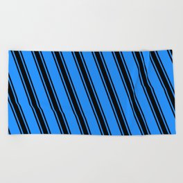 [ Thumbnail: Blue and Black Colored Striped/Lined Pattern Beach Towel ]