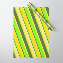 [ Thumbnail: Tan, Yellow, Green & Dark Olive Green Colored Lined Pattern Wrapping Paper ]
