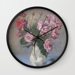 Still life with flowers. Oil painting; Roses in a vase.  Wall Clock