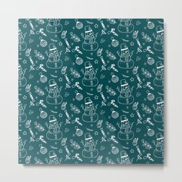 Teal Blue and White Christmas Snowman Doodle Pattern Metal Print