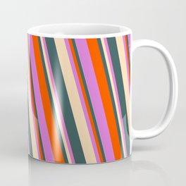 [ Thumbnail: Tan, Dark Slate Gray, Red & Orchid Colored Lined/Striped Pattern Coffee Mug ]
