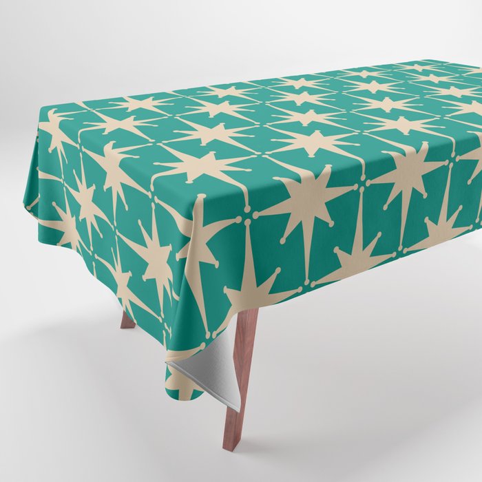 Atomic Age 1950s Retro Starburst Pattern in Mid-Century Modern Beige and Turquoise Teal   Tablecloth