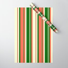 [ Thumbnail: Red, Light Yellow & Dark Green Colored Stripes Pattern Wrapping Paper ]