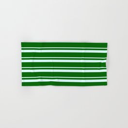 [ Thumbnail: Light Cyan and Dark Green Colored Lined/Striped Pattern Hand & Bath Towel ]