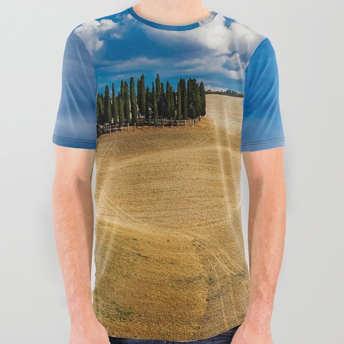 Hills of Tuscany, Italy with clouds and strand of stone pines color landscape photograph / photography for home and wall decor All Over Graphic Tee
