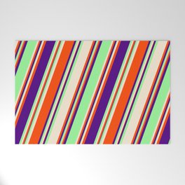[ Thumbnail: Green, Beige, Red & Indigo Colored Stripes Pattern Welcome Mat ]