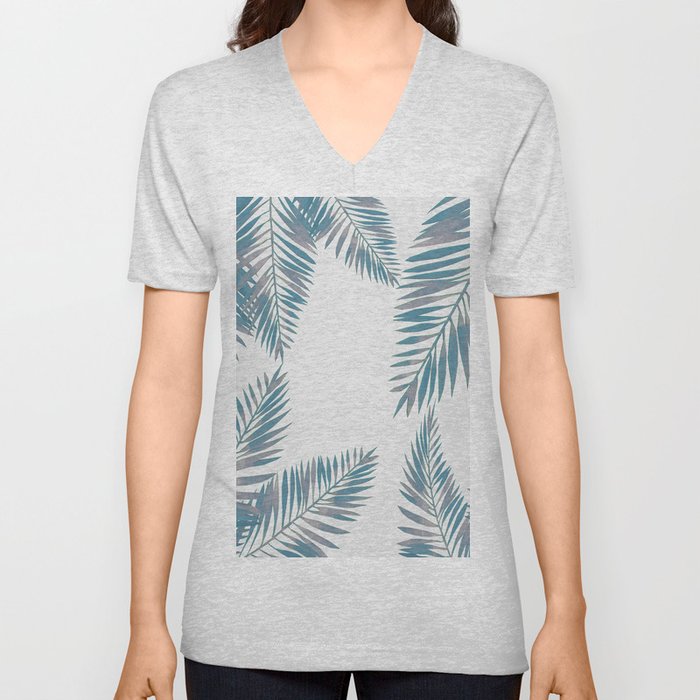 Watercolor tropical palm leaves blue V Neck T Shirt
