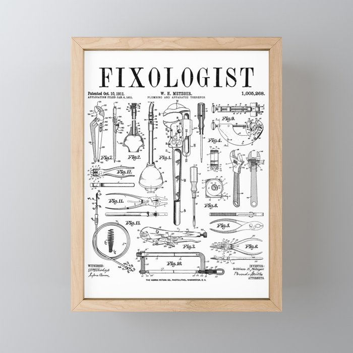 Fixologist Plumber Plumbing Tools Vintage Patent Print Framed Mini Art Print