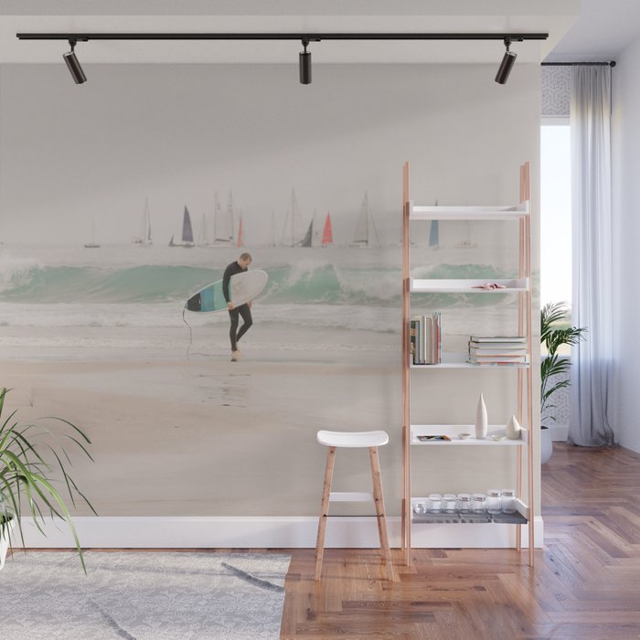 Beach Surfer - Ocean crashing waves - Sail Boats Travel photography Wall Mural