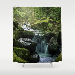 Flowing Creek, Green Mossy Rocks, Forest Nature Photography Shower Curtain