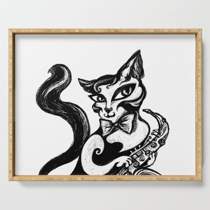 Cat playing saxophone Serving Tray