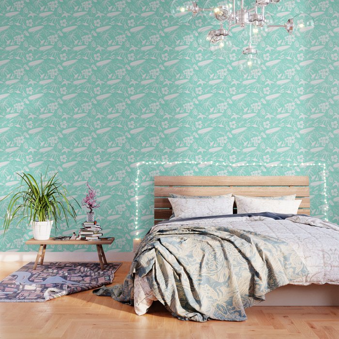 Mint Blue and White Surfing Summer Beach Objects Seamless Pattern Wallpaper