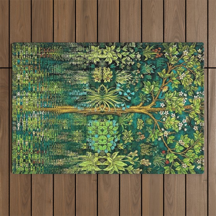 Tree of Life reflecting water of garden lily pond emerald twilight rainforest river nature landscape painting Outdoor Rug