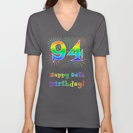 [ Thumbnail: 94th Birthday - Fun Rainbow Spectrum Gradient Pattern Text, Bursting Fireworks Inspired Background V Neck T Shirt V-Neck T-Shirt ]