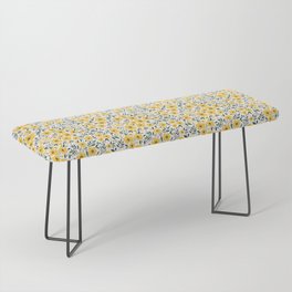 Seamless floral pattern, Small yellow flowers. White background. Modern floral pattern.  Bench