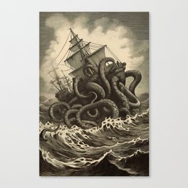 Vintage Kraken Attacking Ship Canvas Print