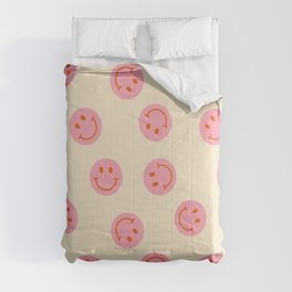 70s Retro Smiley Face Pattern in Beige & Pink Comforter