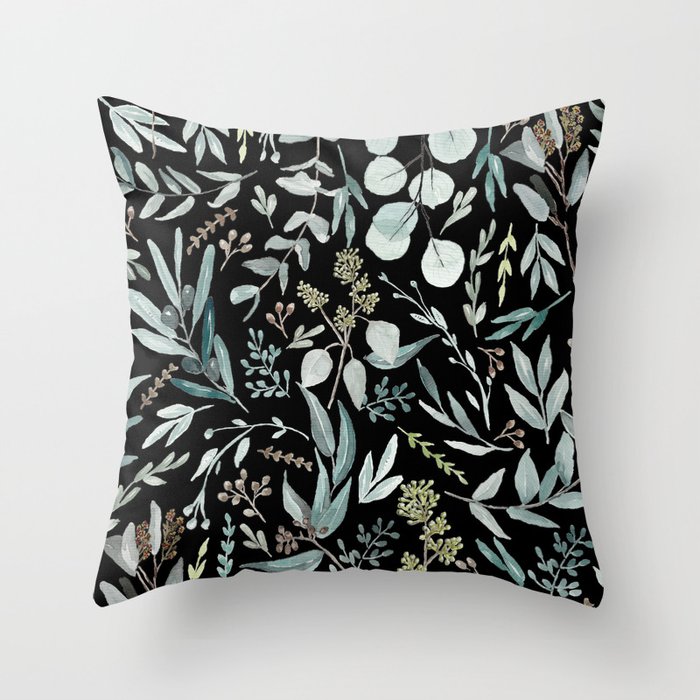 Black Eucalyptus Leaves Pattern Throw Pillow
