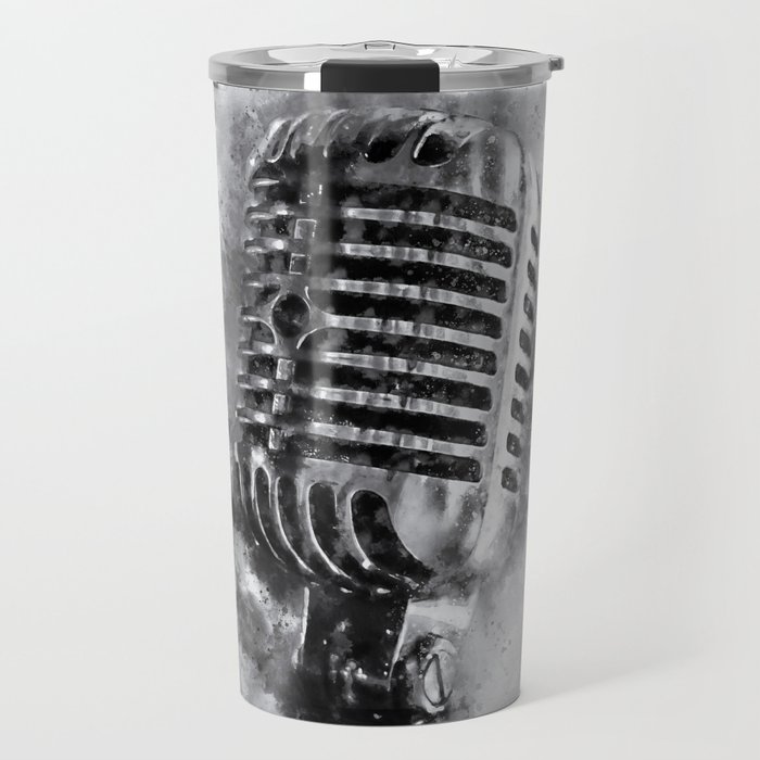 Classic Vintage Chrome Microphone in Black and White Watercolor Travel Mug