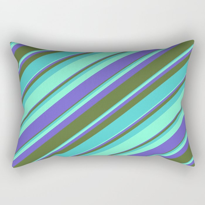 Aquamarine, Slate Blue, Dark Olive Green, and Turquoise Colored Lines Pattern Rectangular Pillow