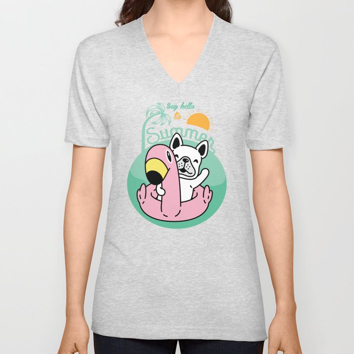 French Bulldog Flamingo Pattern V Neck T Shirt