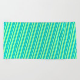 [ Thumbnail: Green & Dark Turquoise Colored Stripes Pattern Beach Towel ]