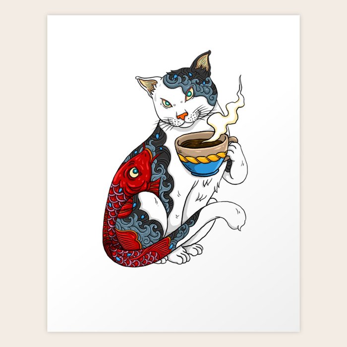 Cat Drinking Coffee With Fish Tattoo - Cat & Coffee Lovers ...