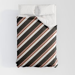 [ Thumbnail: Eye-catching Goldenrod, Plum, Brown, White & Black Colored Stripes Pattern Comforter ]