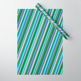 [ Thumbnail: Eye-catching Cyan, Royal Blue, Light Pink, Sea Green & Green Colored Striped Pattern Wrapping Paper ]