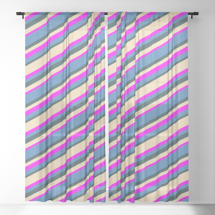 Tan, Fuchsia, Blue, and Dark Slate Gray Colored Stripes Pattern Sheer Curtain