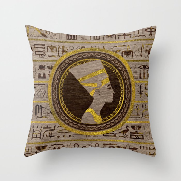 Pyrographed Golden Nefertiti on wood Throw Pillow