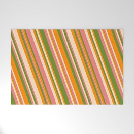 [ Thumbnail: Green, Dark Orange, Bisque, and Light Coral Colored Lines Pattern Welcome Mat ]