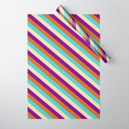 [ Thumbnail: Purple, Chocolate, Turquoise & Tan Colored Striped Pattern Wrapping Paper ]