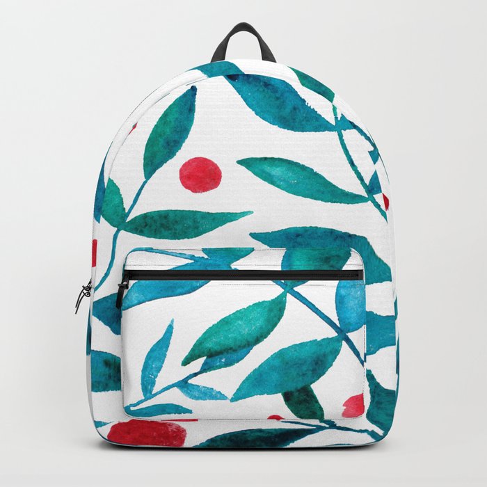 Watercolor berries and branches - turquoise and red Backpack