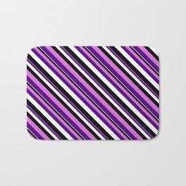 [ Thumbnail: Orchid, Indigo, White, and Black Colored Stripes/Lines Pattern Bath Mat ]