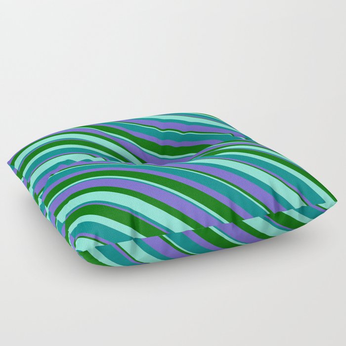 Aquamarine, Teal, Slate Blue, and Dark Green Colored Striped Pattern Floor Pillow