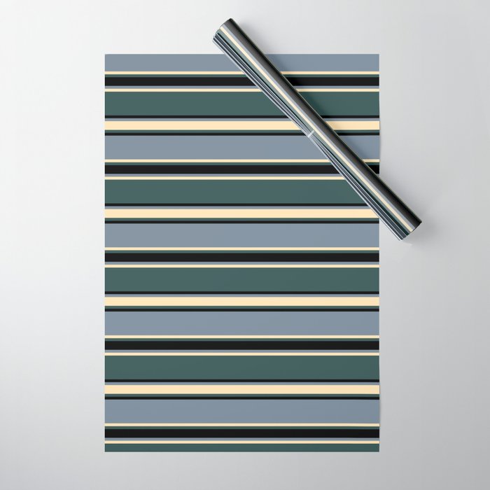 Light Slate Gray, Beige, Dark Slate Gray, and Black Colored Stripes/Lines Pattern Wrapping Paper