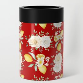 Lemons and White Flowers Pattern On Red Background Can Cooler