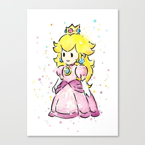 Princess Peach Mario Watercolor Game Art Canvas Print