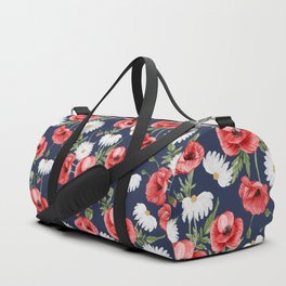 Daisy and Poppy Seamless Pattern on Navy Blue Background Duffle Bag