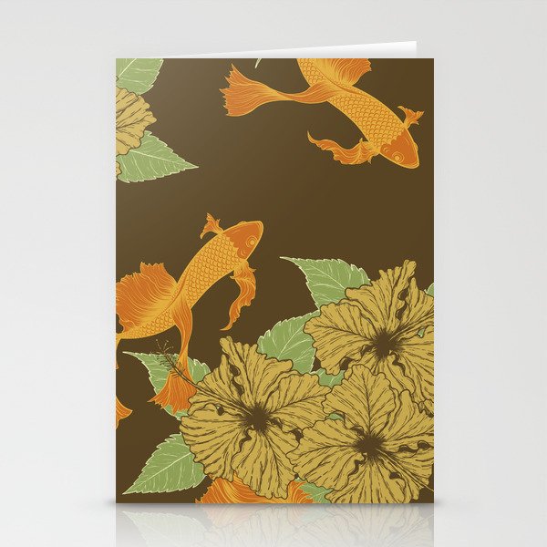 Brown Floral Koi Pattern Stationery Cards
