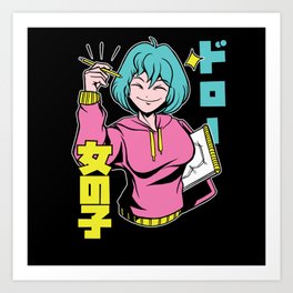 Cool Anime girl with blue hair smiling drawing Art Print