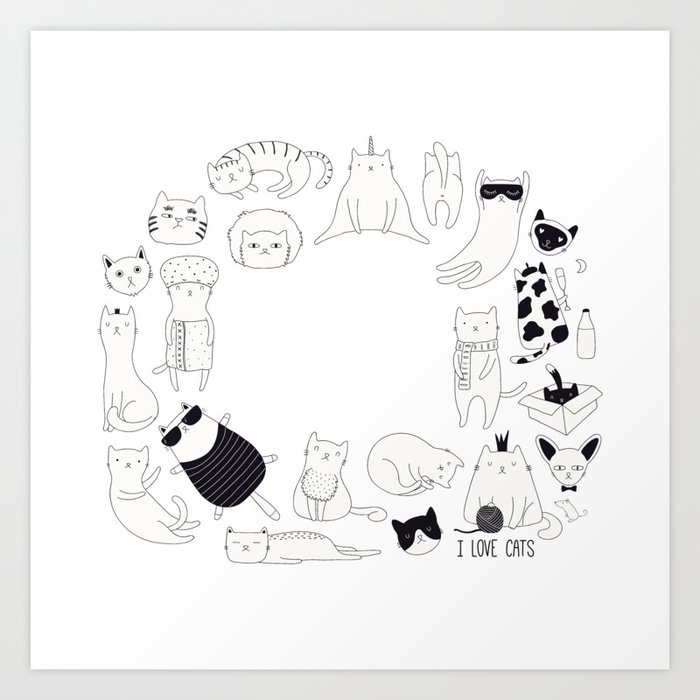 cute cat doodles circle #2 Art Print