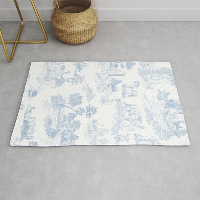 Toile de Jouy Vintage French Soft Baby Blue White Pastoral Pattern Rug