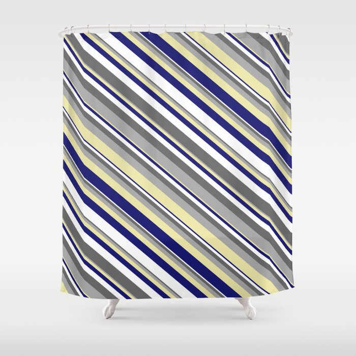 Vibrant Dim Grey, Dark Gray, Pale Goldenrod, Midnight Blue, and White Colored Lined Pattern Shower Curtain