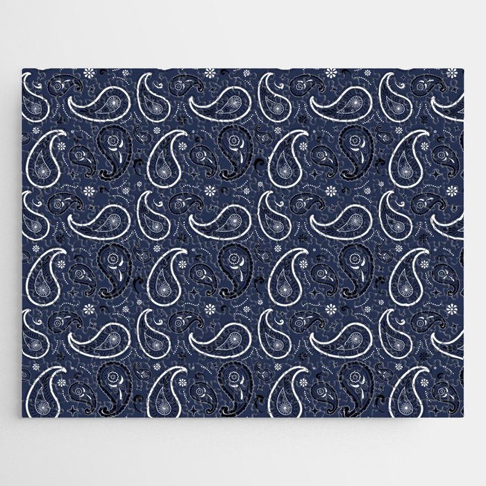 Black and White Paisley Pattern on Navy Blue  Background Jigsaw Puzzle