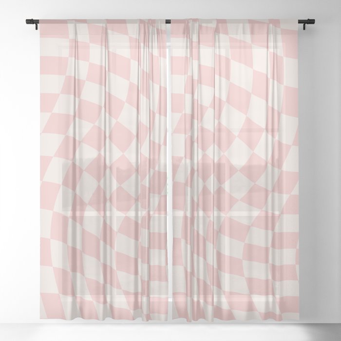 Pastel Pink Checkerboard Wavy Swirl Geometric Pattern Cute Sheer Curtain