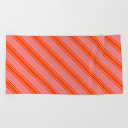 [ Thumbnail: Light Coral and Red Colored Lines/Stripes Pattern Beach Towel ]