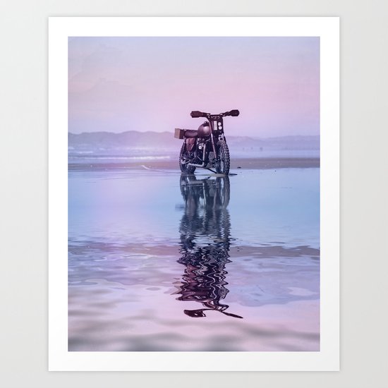 Where the Journey begins Motorcycle at the Water Sunset Art Print